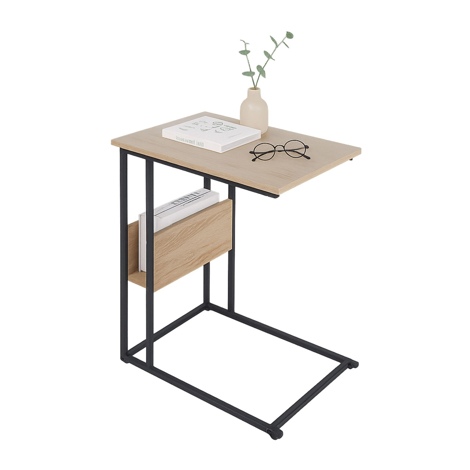 Mesa lateral com prateleira e compartimento – Madeira e metal