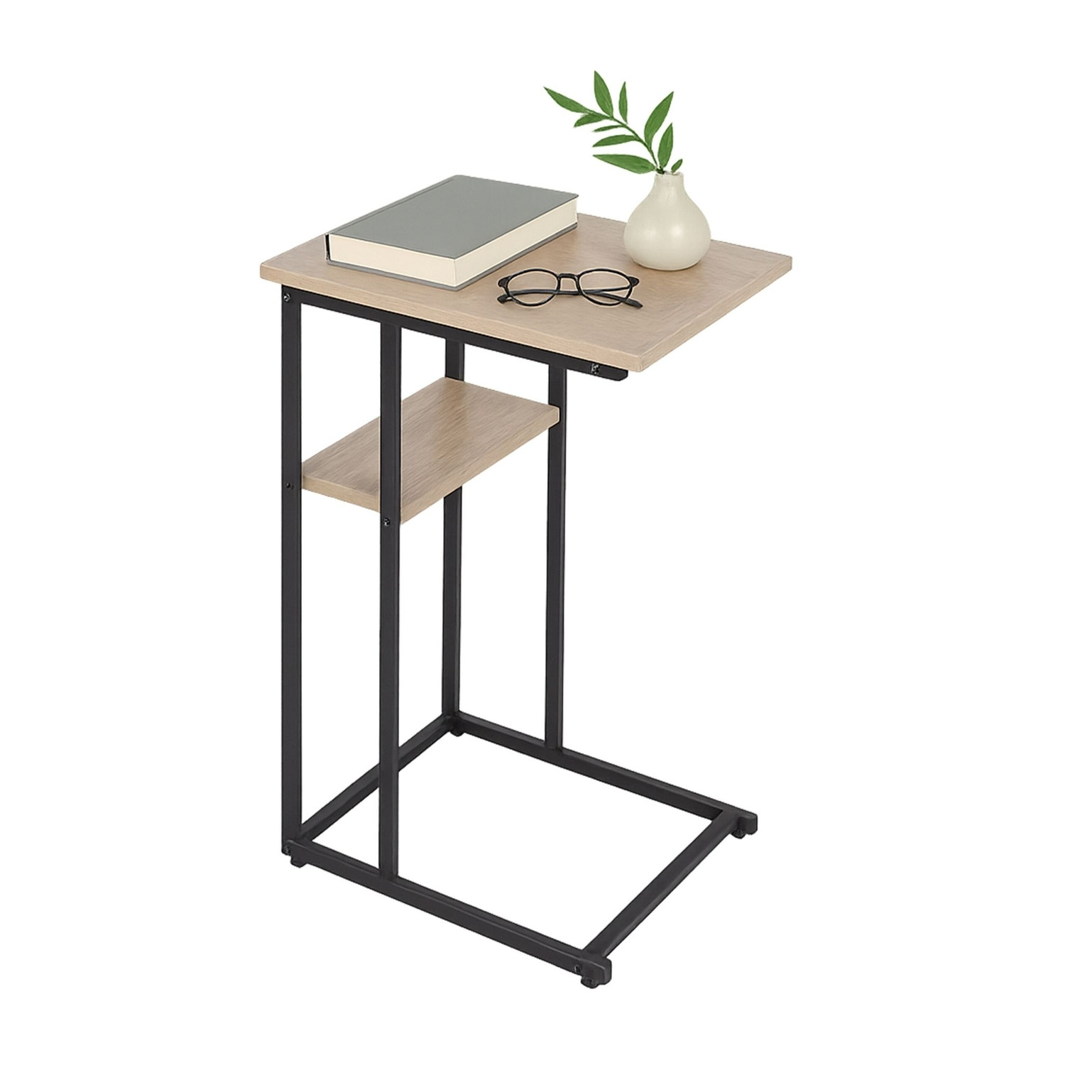 Mesa lateral em formato de C com 2 prateleiras para sofá e cama.