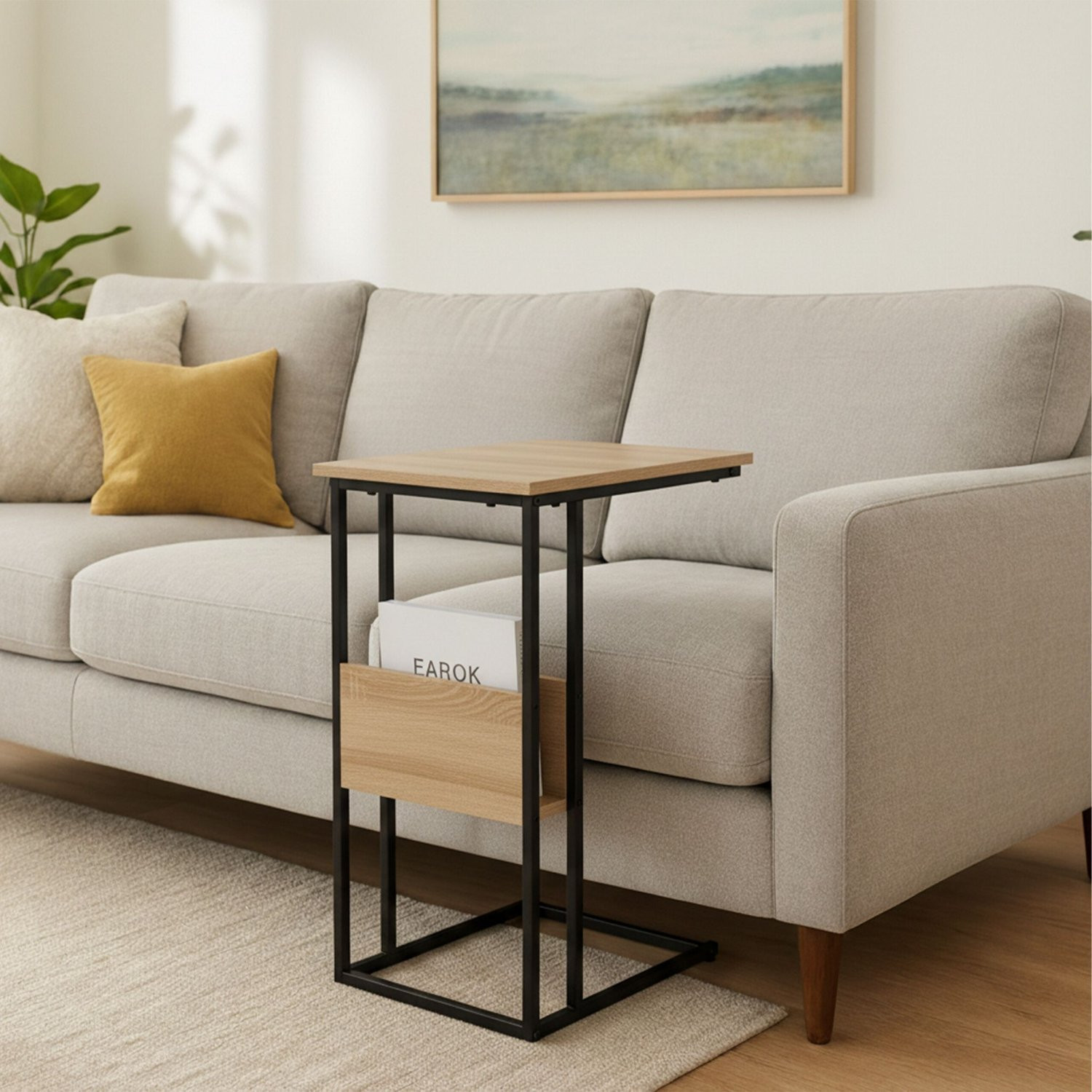 Mesa lateral com prateleira e compartimento – Madeira e metal