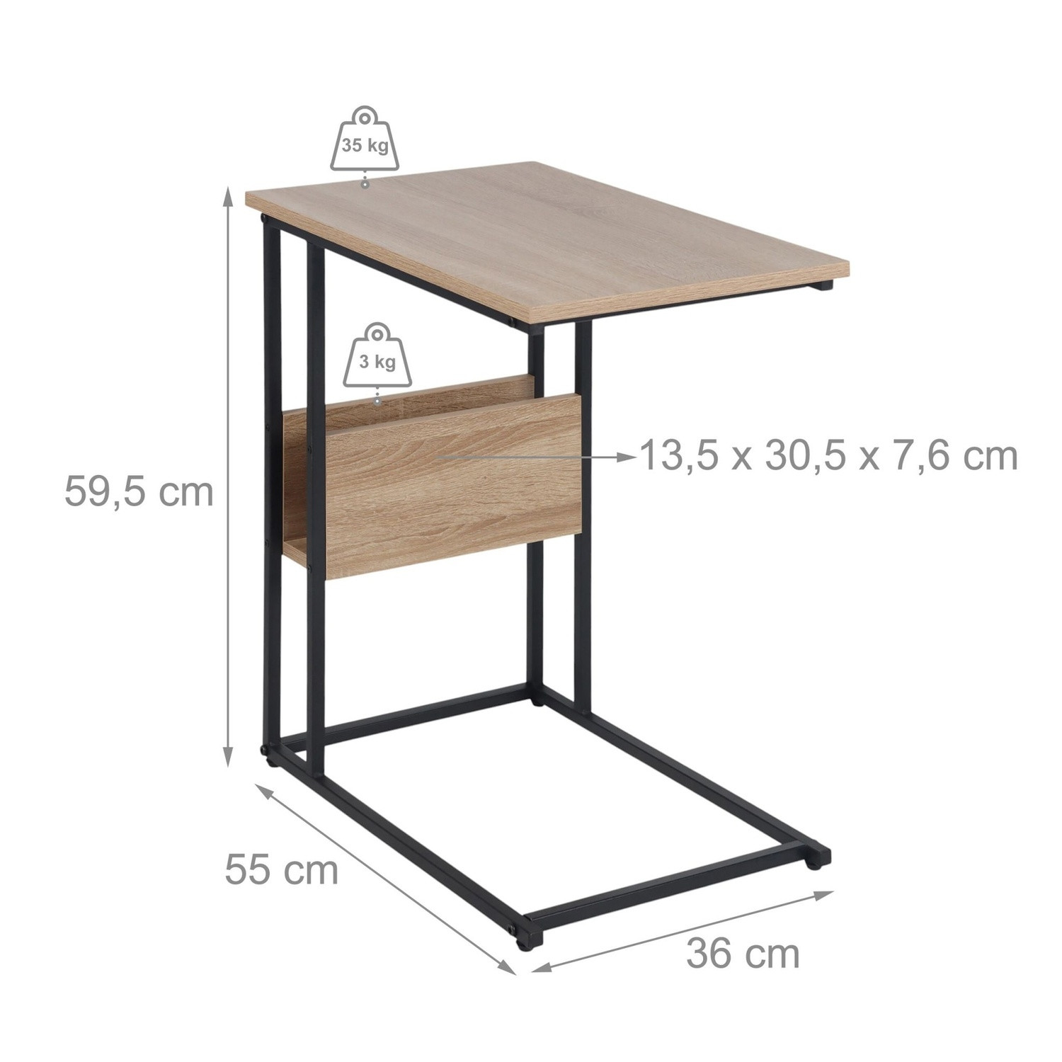 Mesa lateral com prateleira e compartimento – Madeira e metal