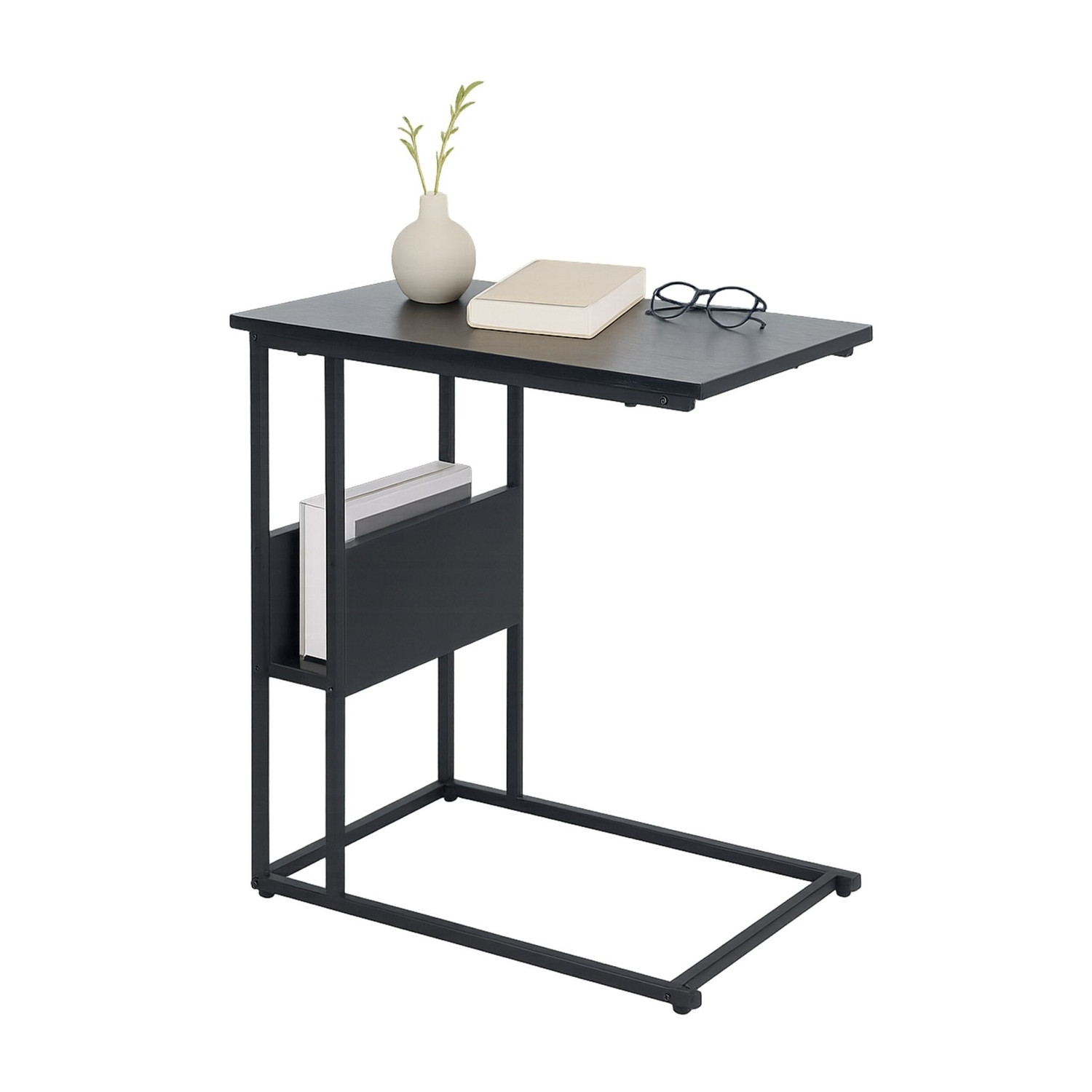 Mesa lateral com prateleira e compartimento – Madeira e metal