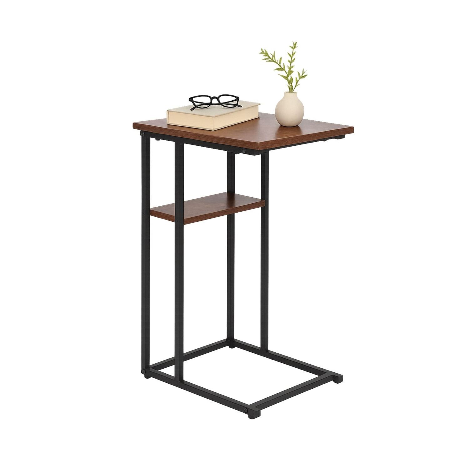 Mesa lateral em formato de C com 2 prateleiras para sofá e cama.