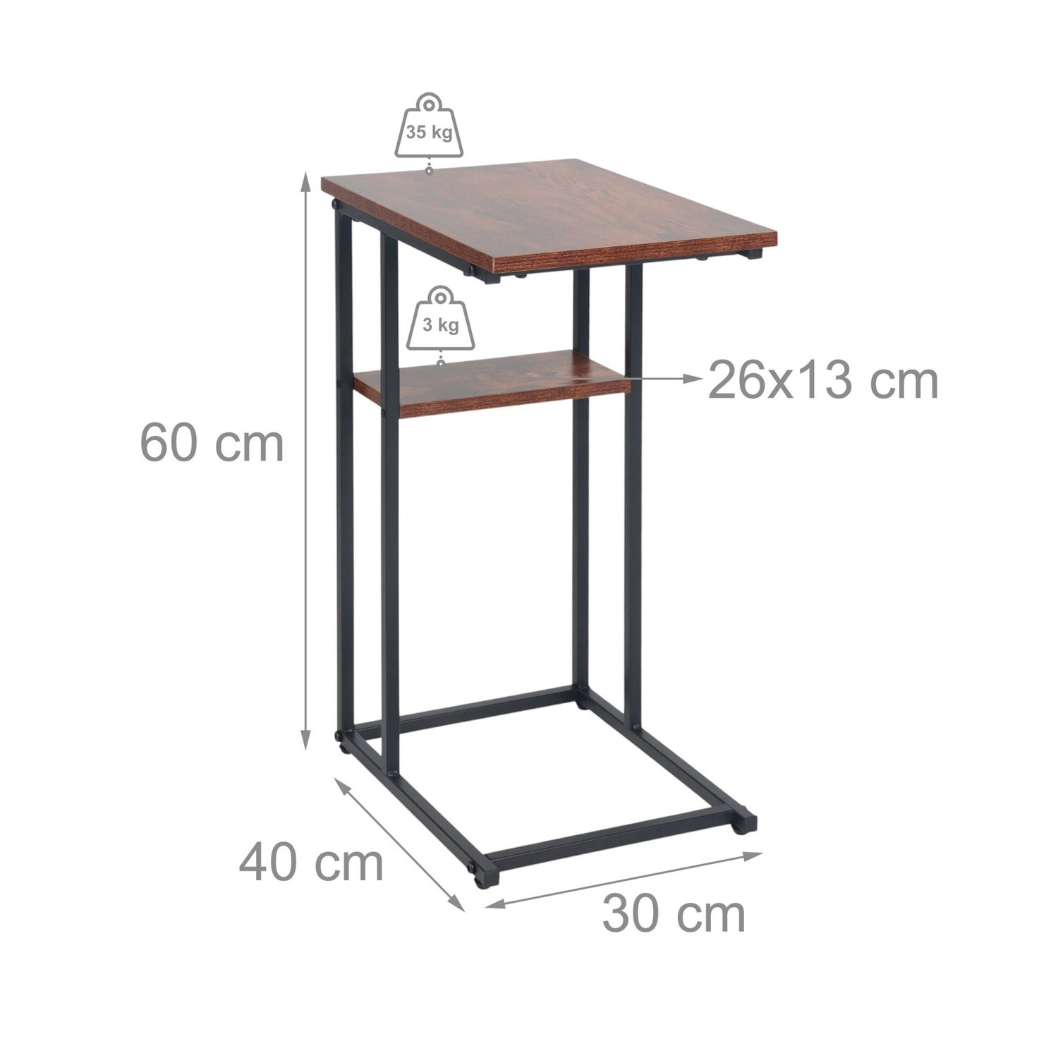 Mesa lateral em formato de C com 2 prateleiras para sofá e cama.