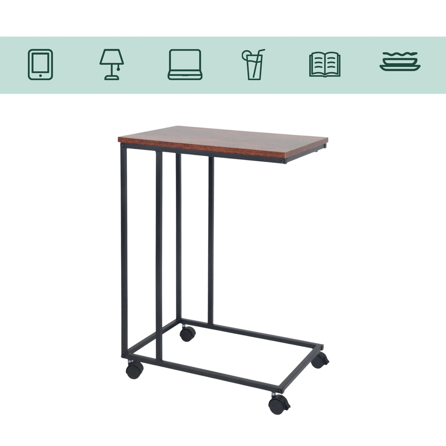 C-Shaped Side Table with Wheels – Wood-Effect, Metal Frame