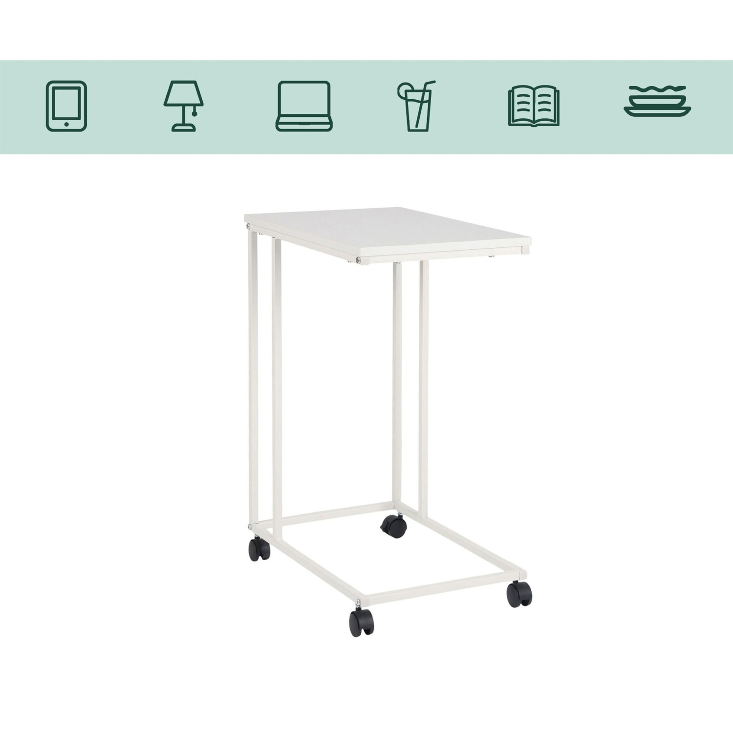 C-Shaped Side Table with Wheels – Wood-Effect Top