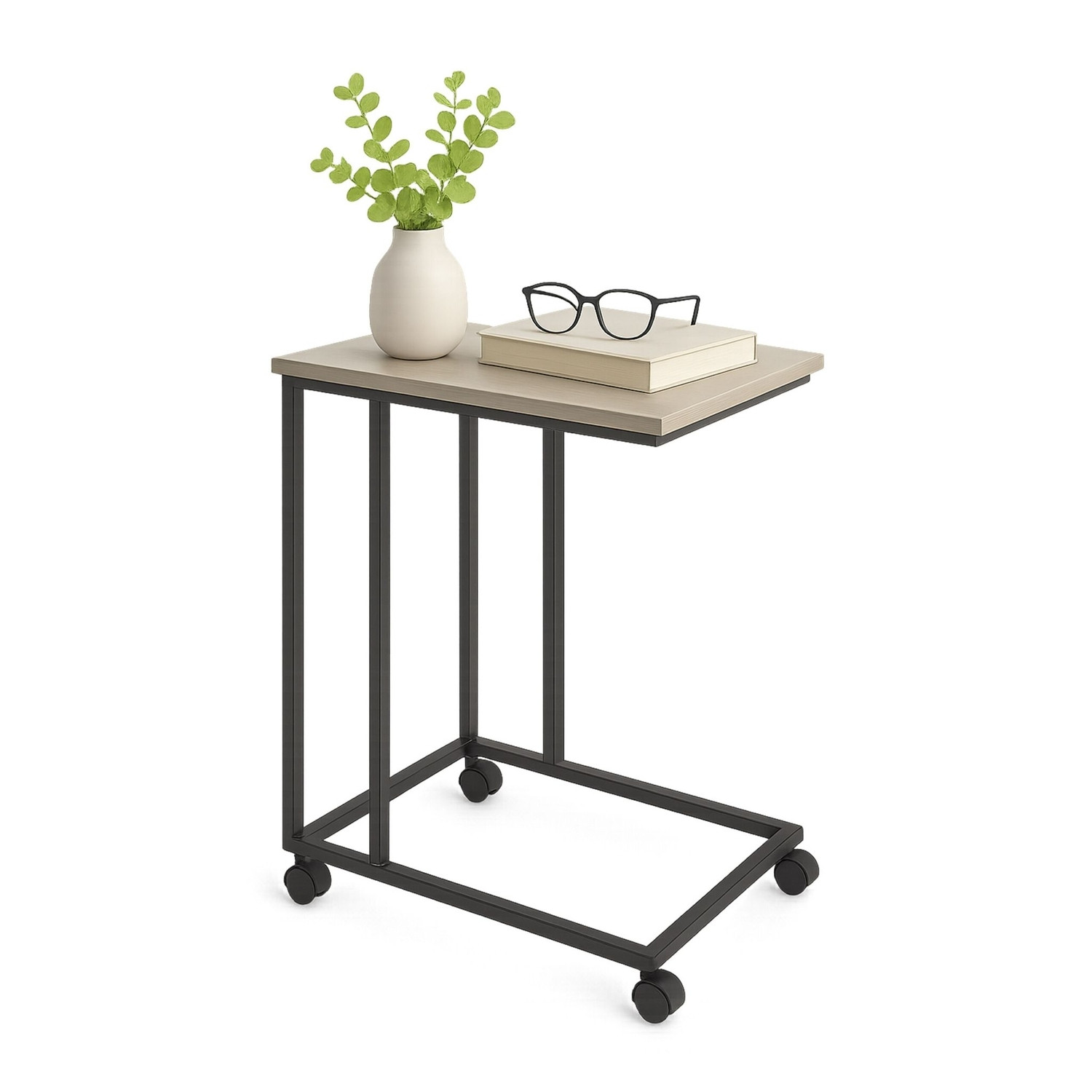 C-Shaped Side Table with Wheels – Wood-Effect Top