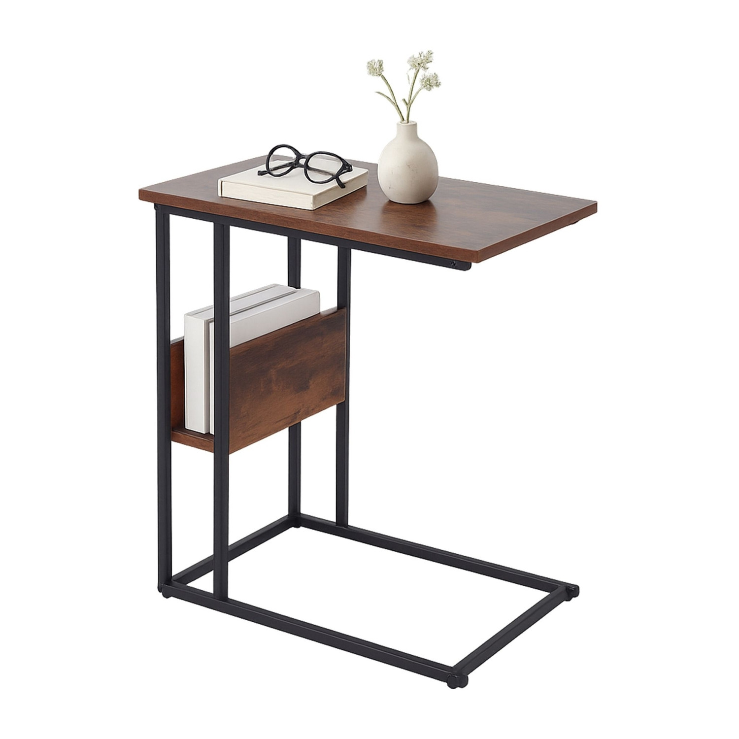 Mesa lateral com prateleira e compartimento – Madeira e metal