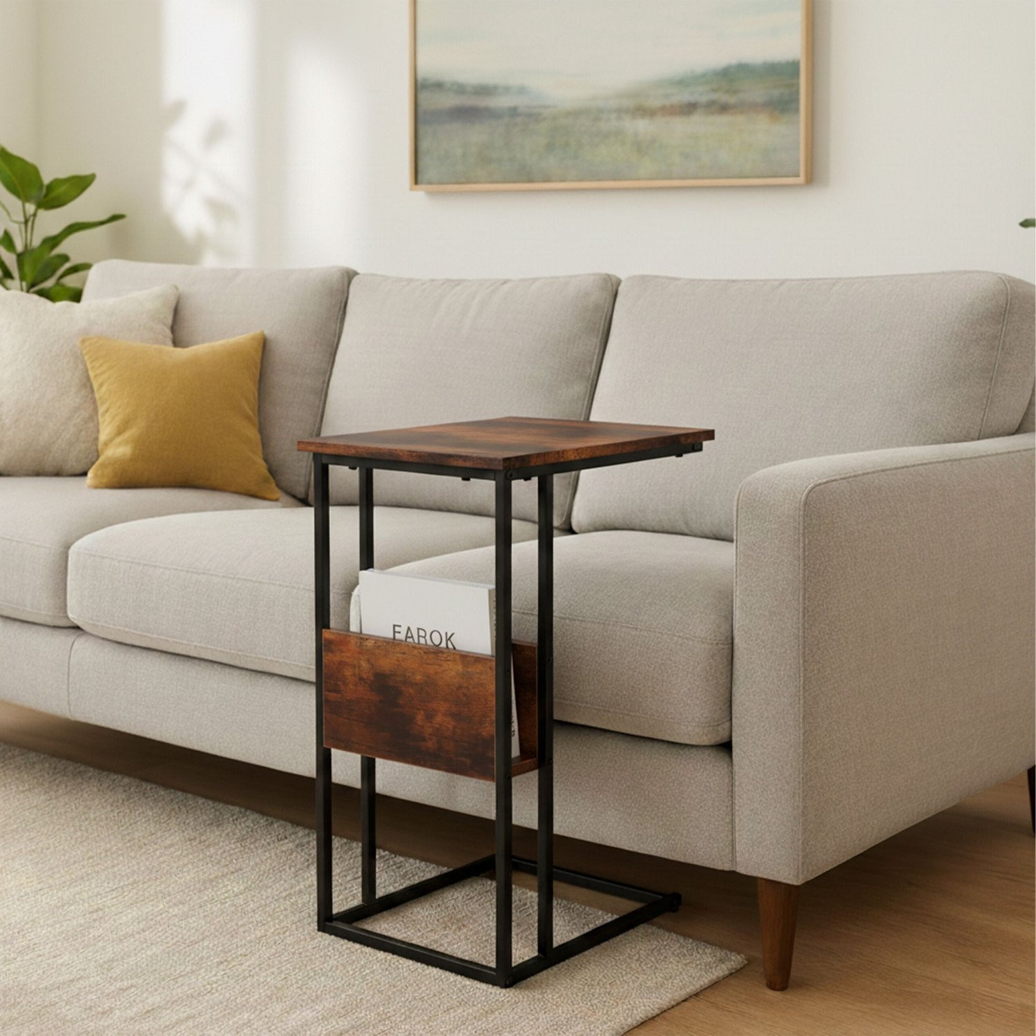 Mesa lateral com prateleira e compartimento – Madeira e metal