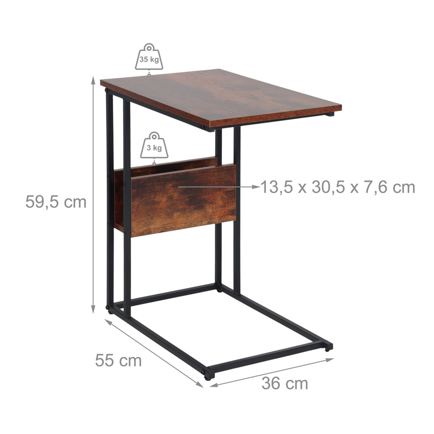 Mesa lateral com prateleira e compartimento – Madeira e metal