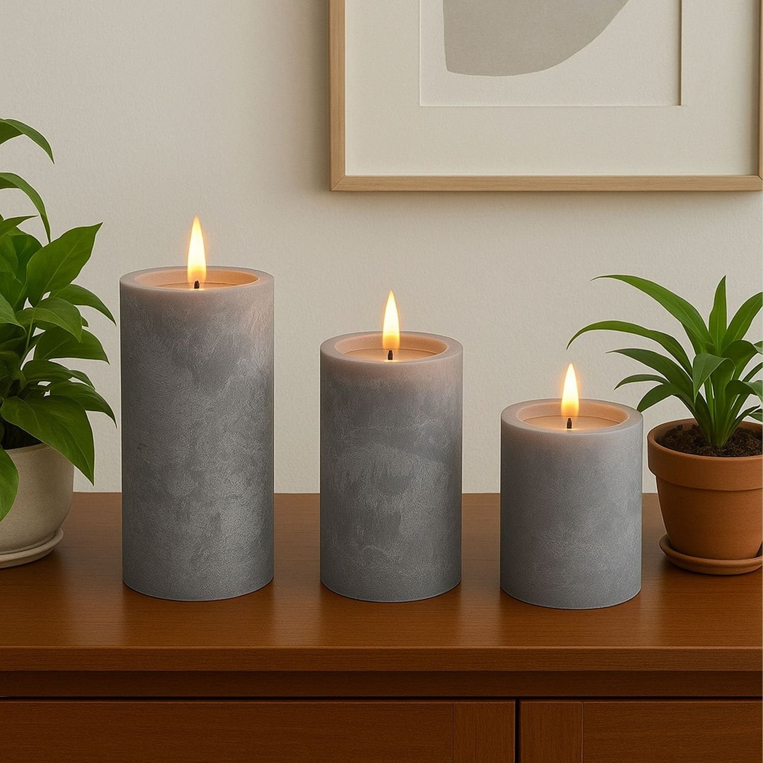 Candele a LED con timer, set da 3 – stile cemento