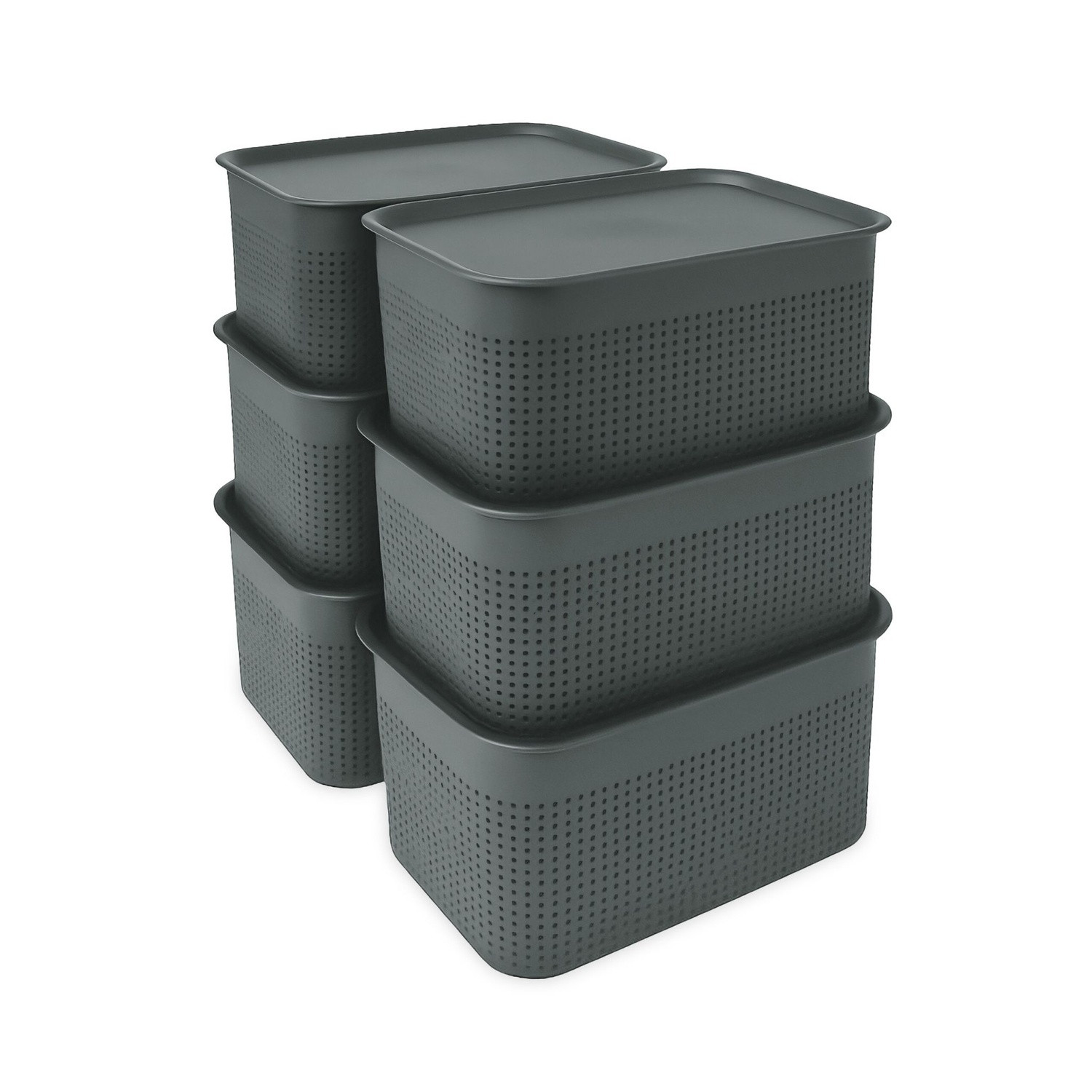 Stackable Lidded Storage Boxes, Set of 6, Ventilated
