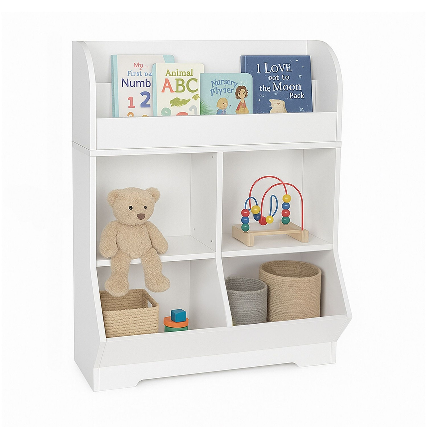 Scaffale per bambini con 4 scomparti e 2 ripiani per libri