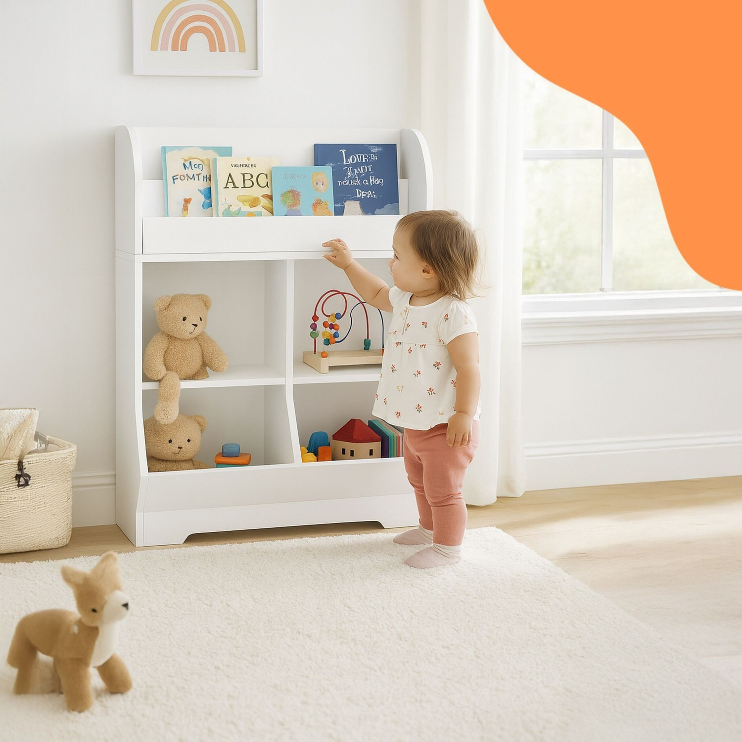 Scaffale per bambini con 4 scomparti e 2 ripiani per libri