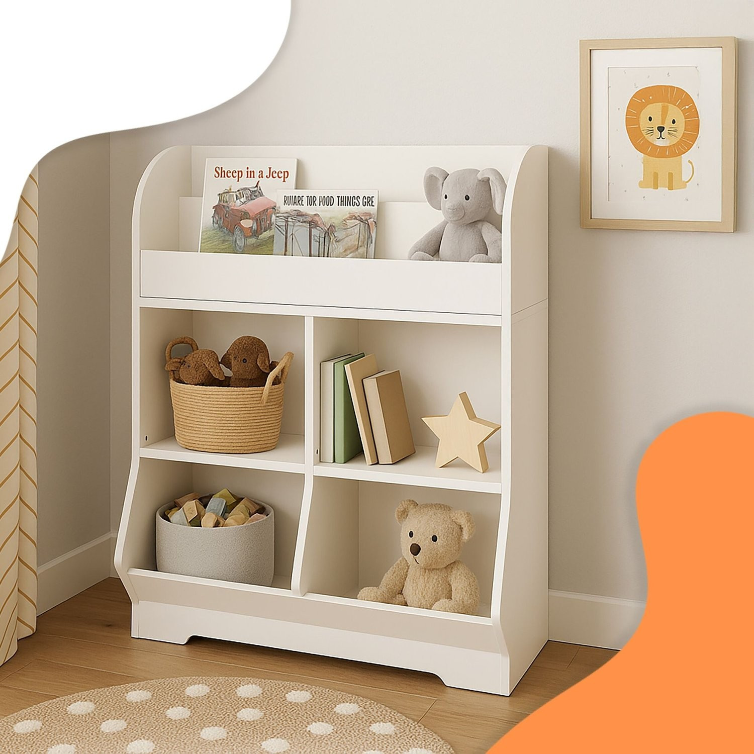 Scaffale per bambini con 4 scomparti e 2 ripiani per libri