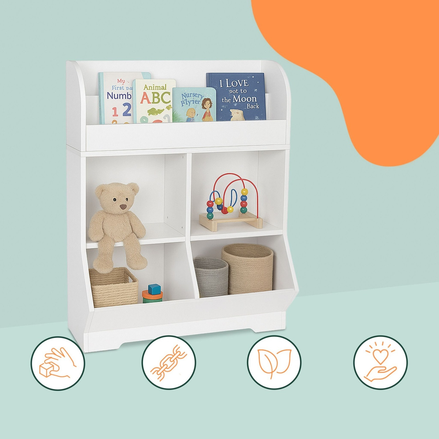 Scaffale per bambini con 4 scomparti e 2 ripiani per libri