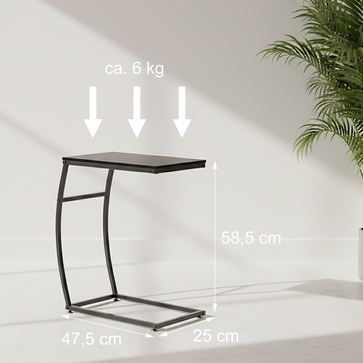 Mesa de apoio em formato de C – Metal e MDF, ideal para sofá e cama.