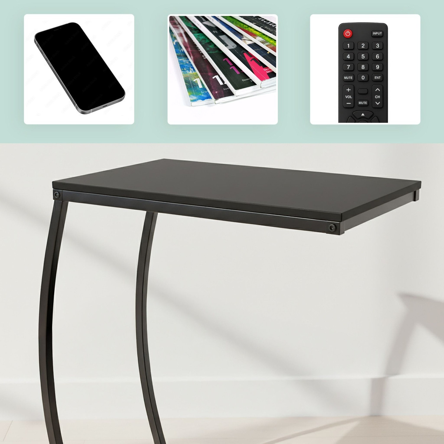 Mesa de apoio em formato de C – Metal e MDF, ideal para sofá e cama.