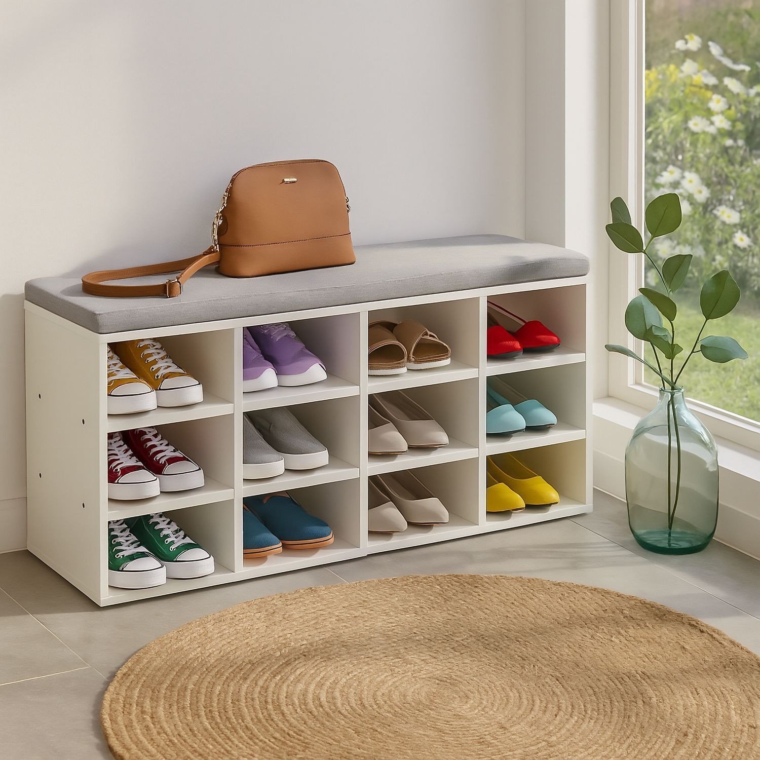 Banc à chaussures avec coussin et compartiments de rangement