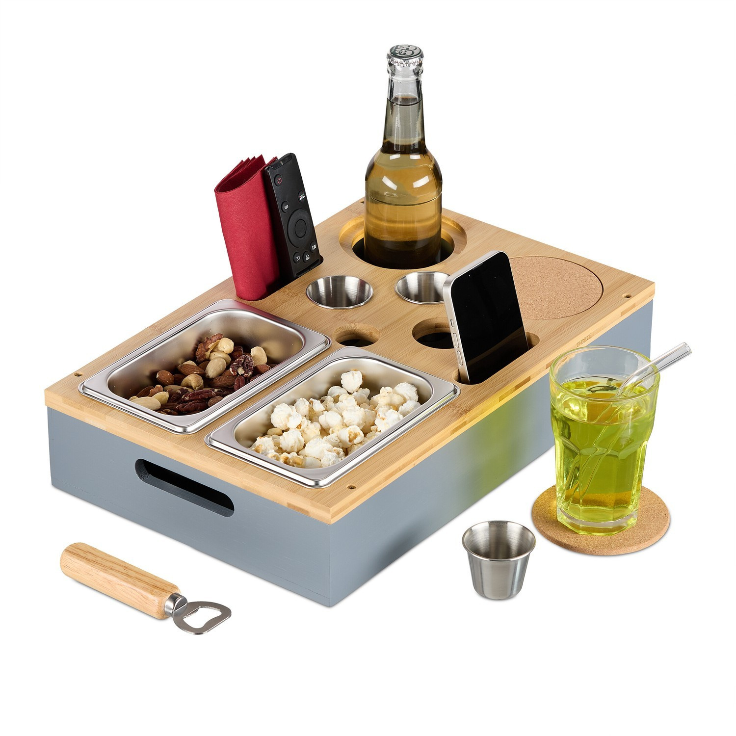 Bandeja para lanches de sofá com porta-copos e suporte para celular