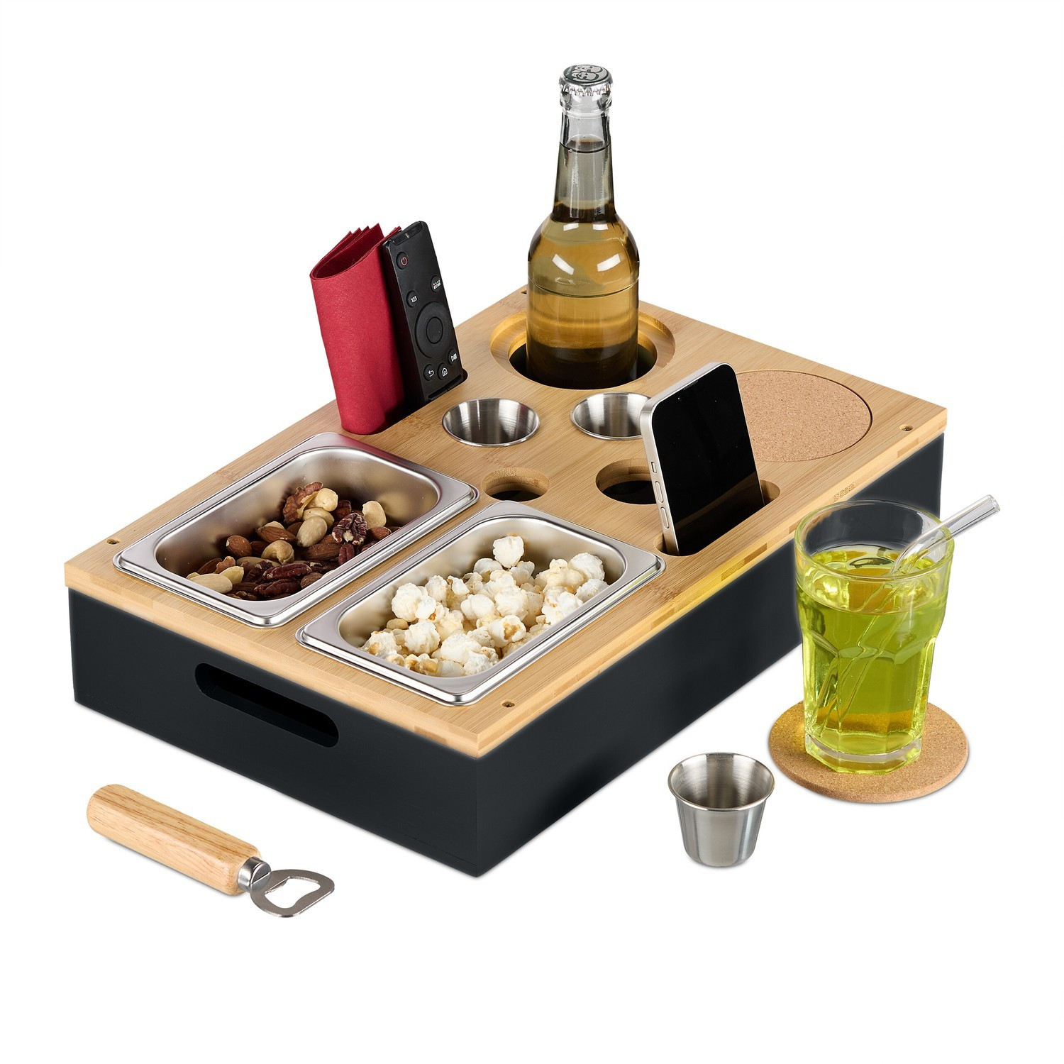 Sofa-Snacktablett mit Bambusschalen und Getränkehaltern