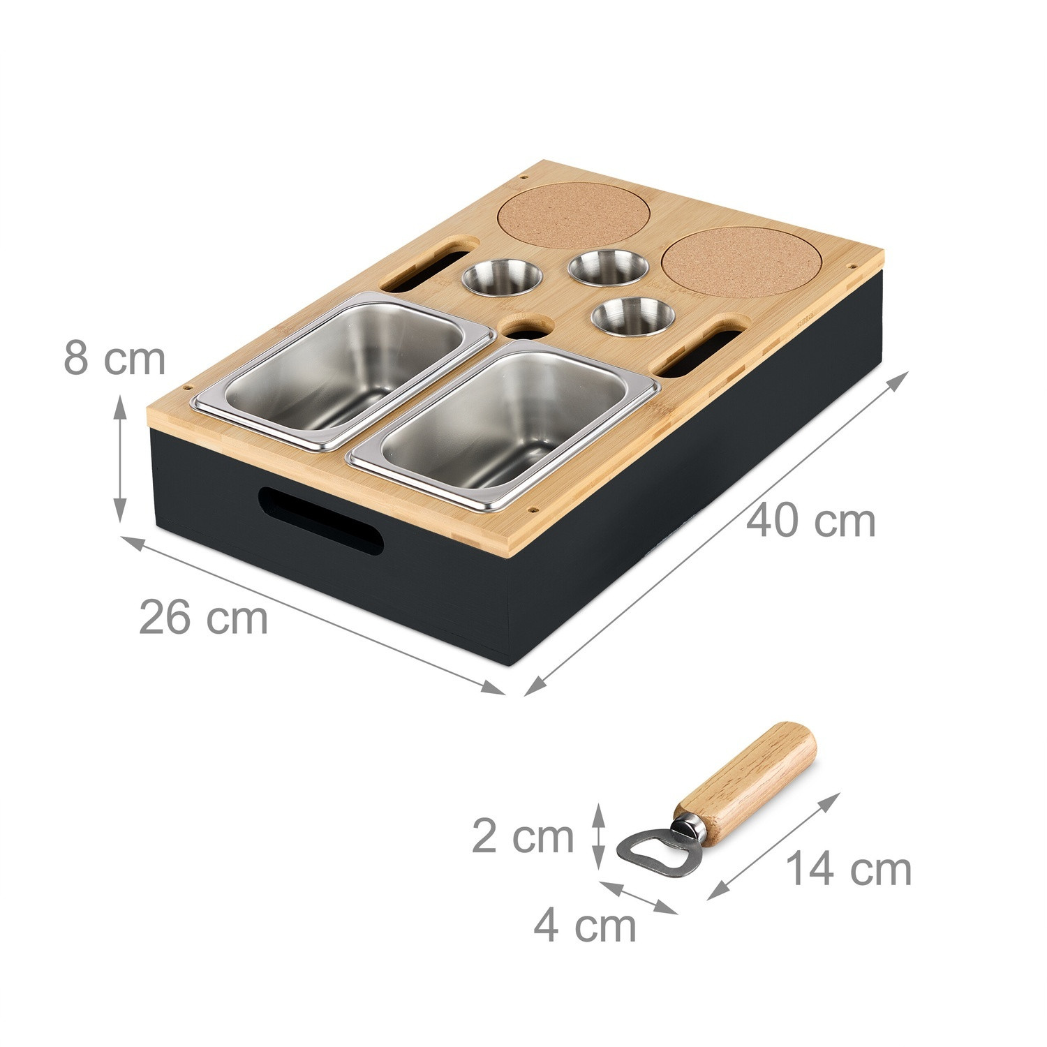 Bandeja para lanches de sofá com tigelas de bambu e suportes para b...