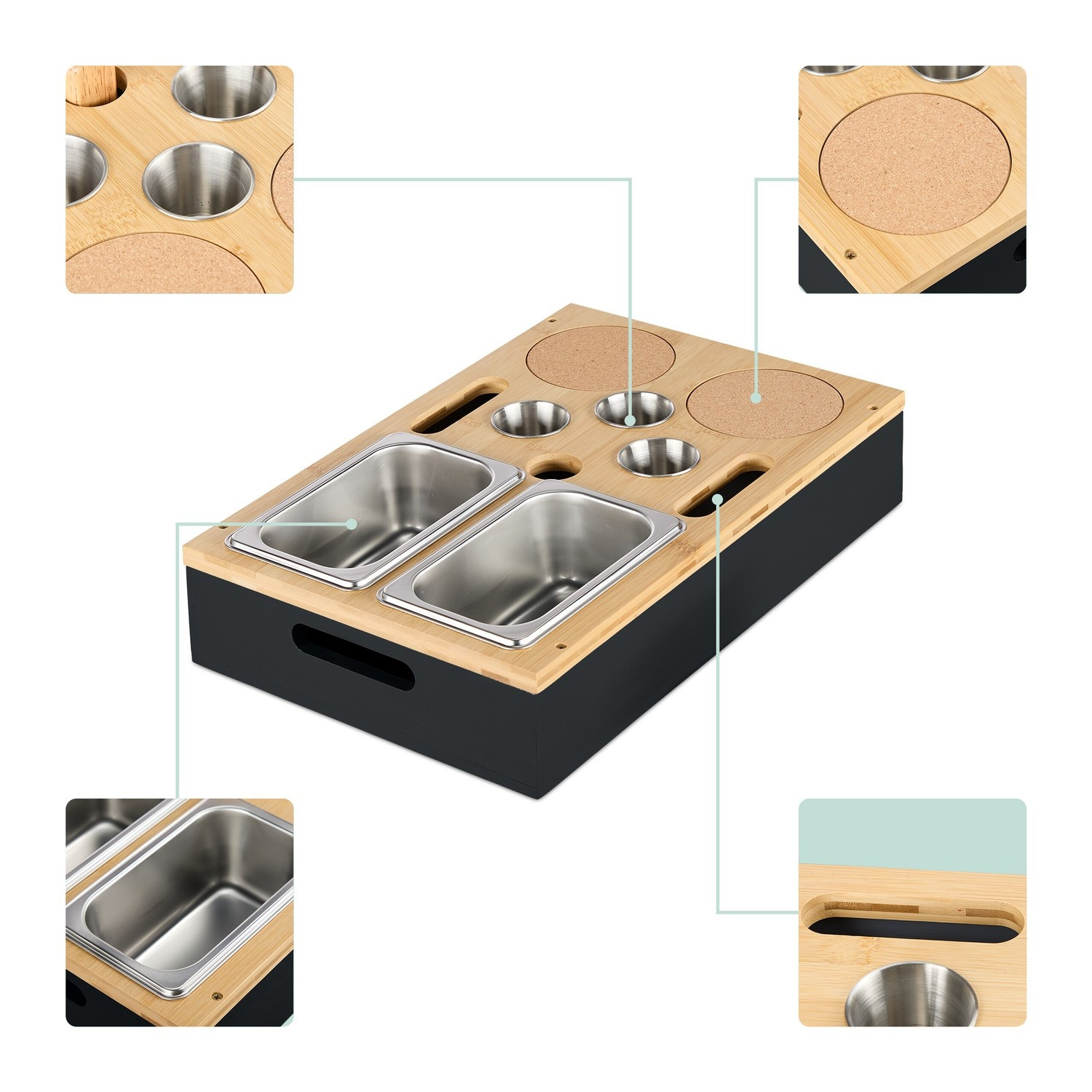 Bandeja para lanches de sofá com tigelas de bambu e suportes para b...