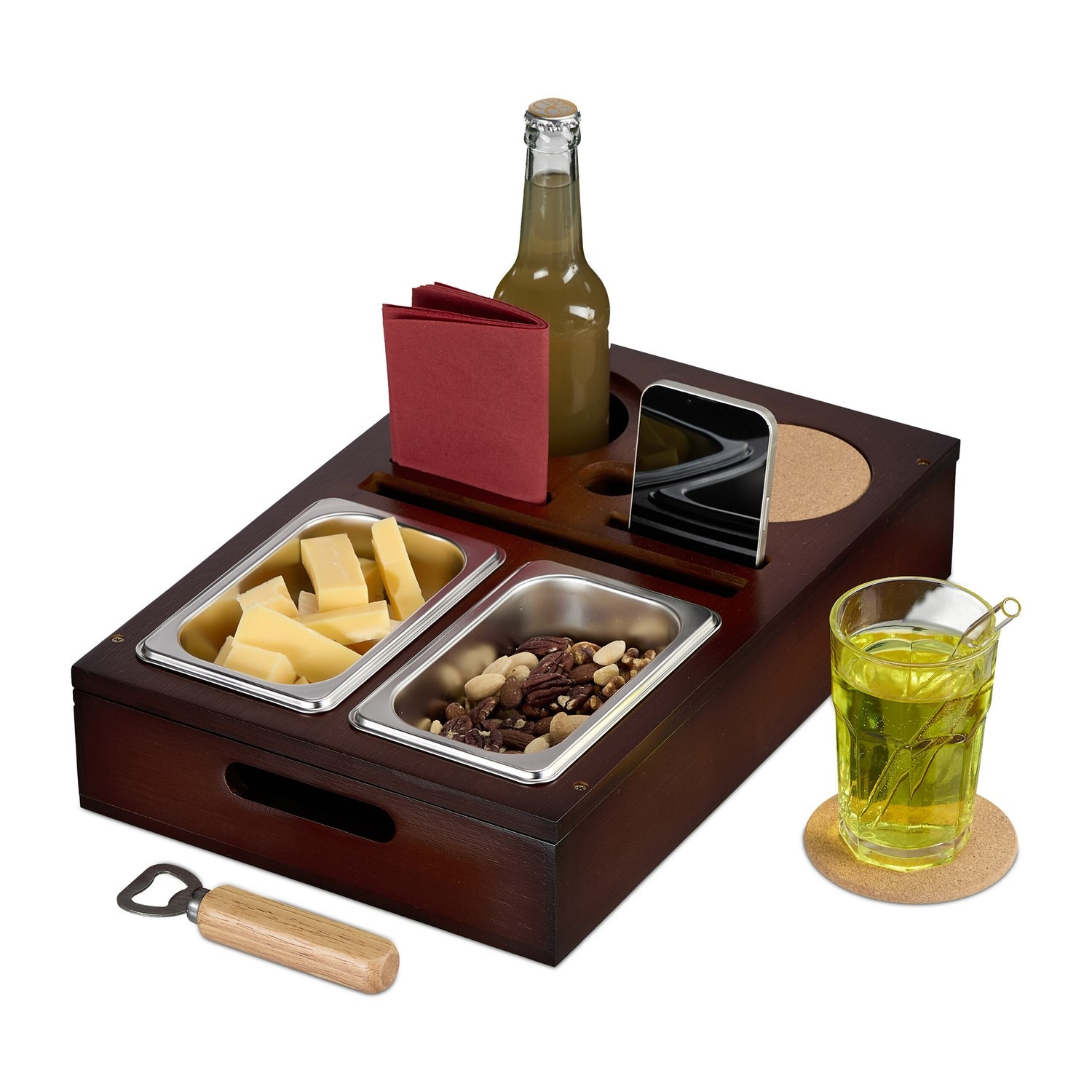 Bandeja para lanches de sofá com porta-copos e porta-copos