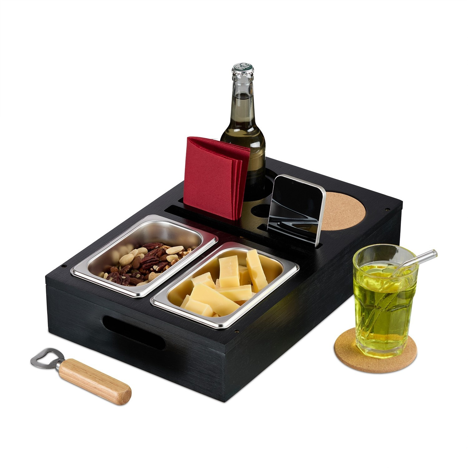 Bandeja para lanches de sofá com porta-copos e porta-copos