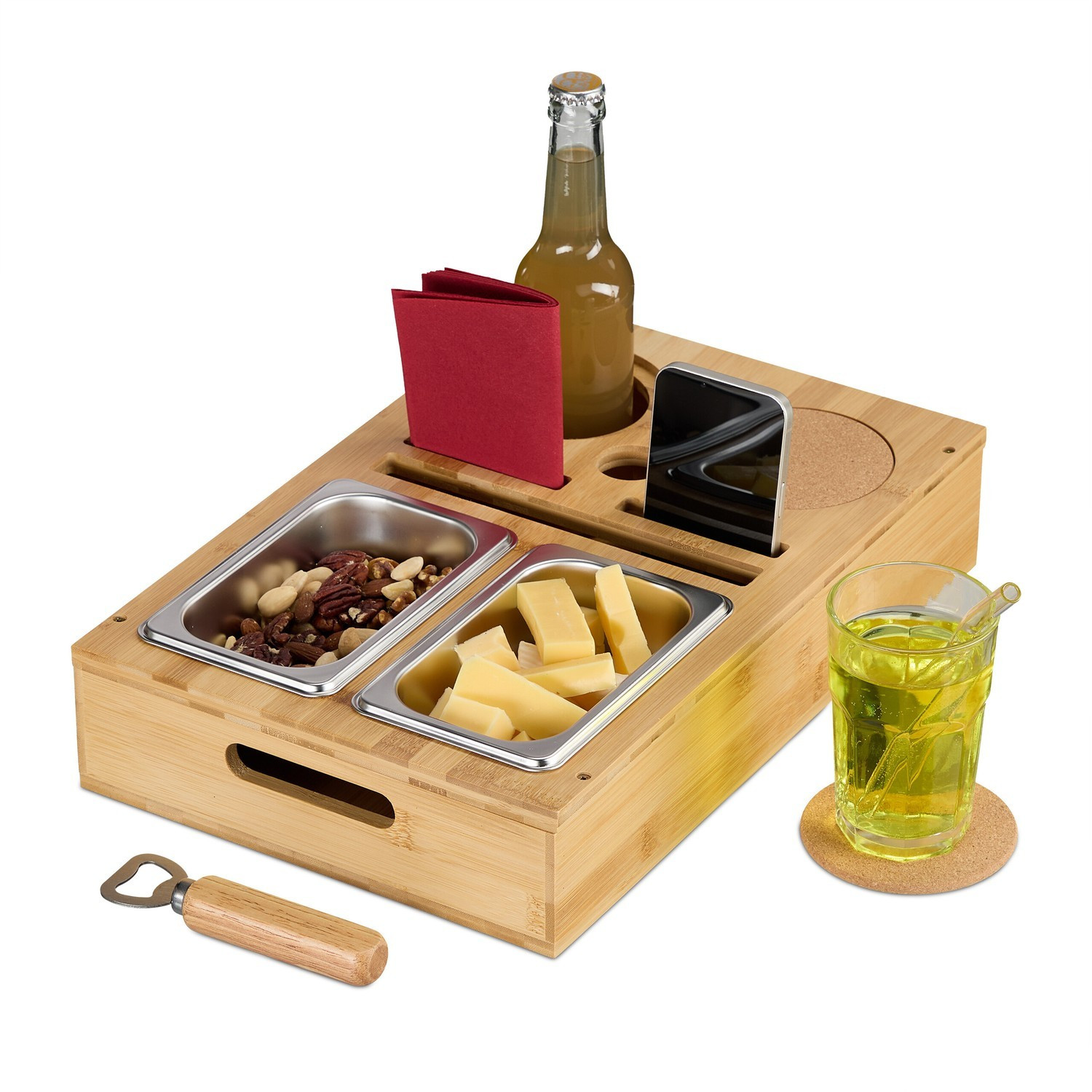 Bandeja para lanches de sofá com porta-copos e suporte para celular