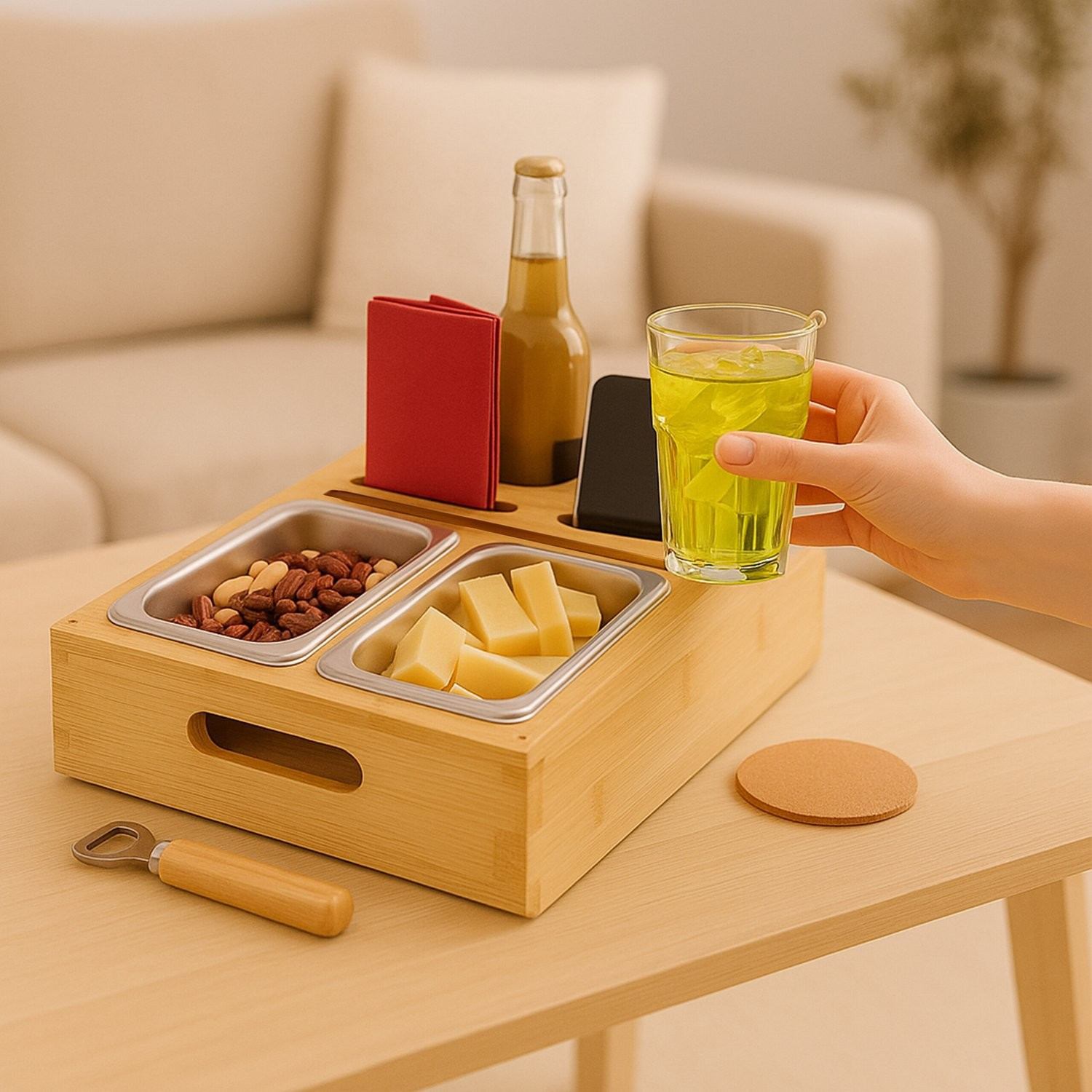 Bandeja para lanches de sofá com porta-copos e suporte para celular