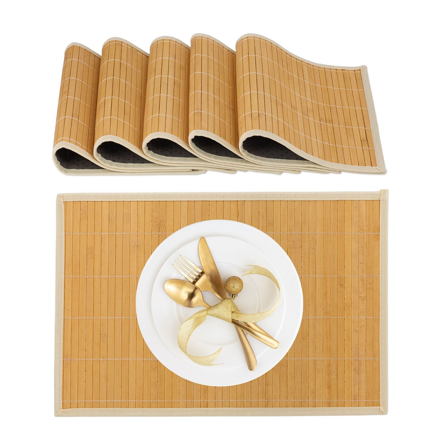 Bambus-Polyester-Tischsets 6er-Set mit Untersetzern