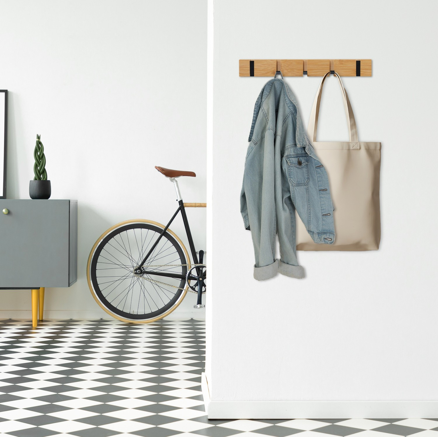 Wall Coat Rack with Folding Bamboo Hooks