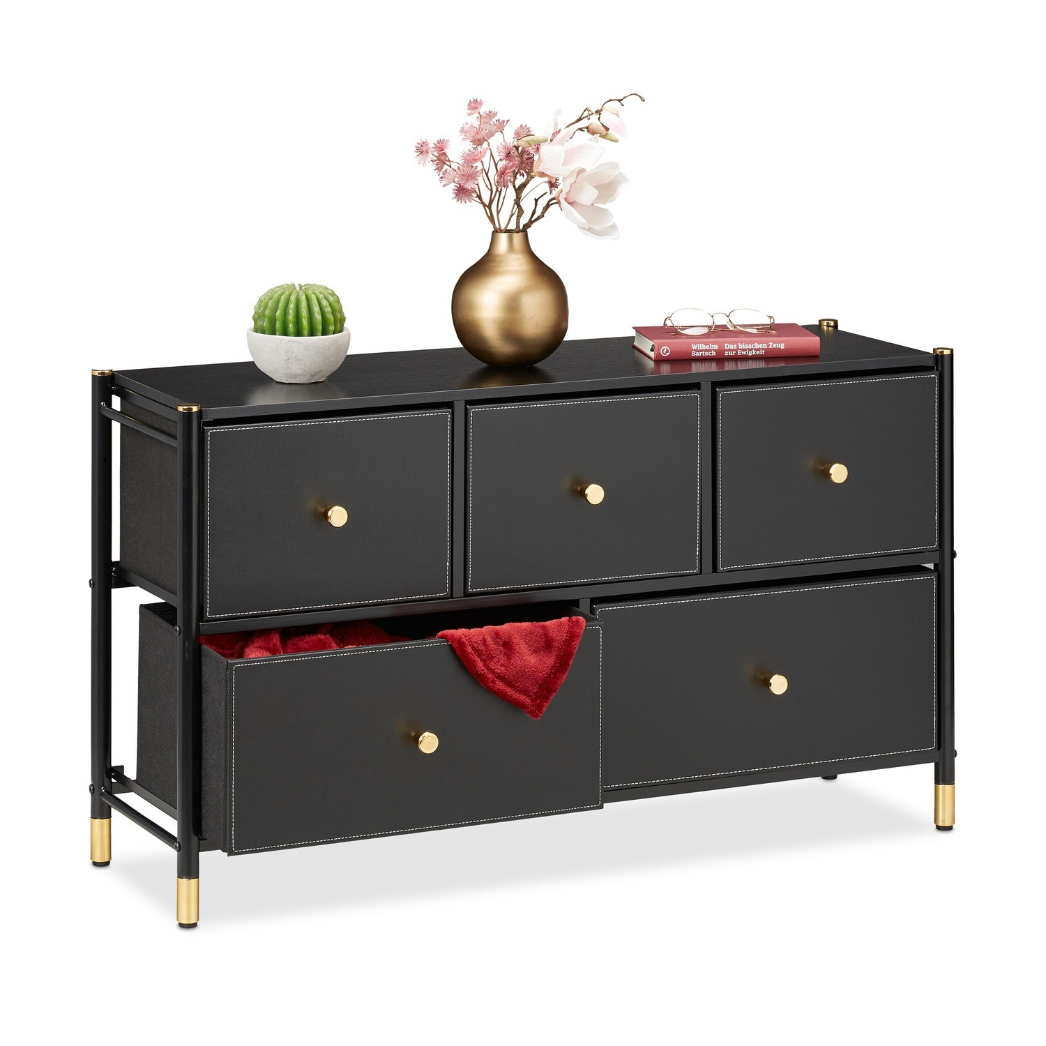 Commode à 5 compartiments, noire et dorée