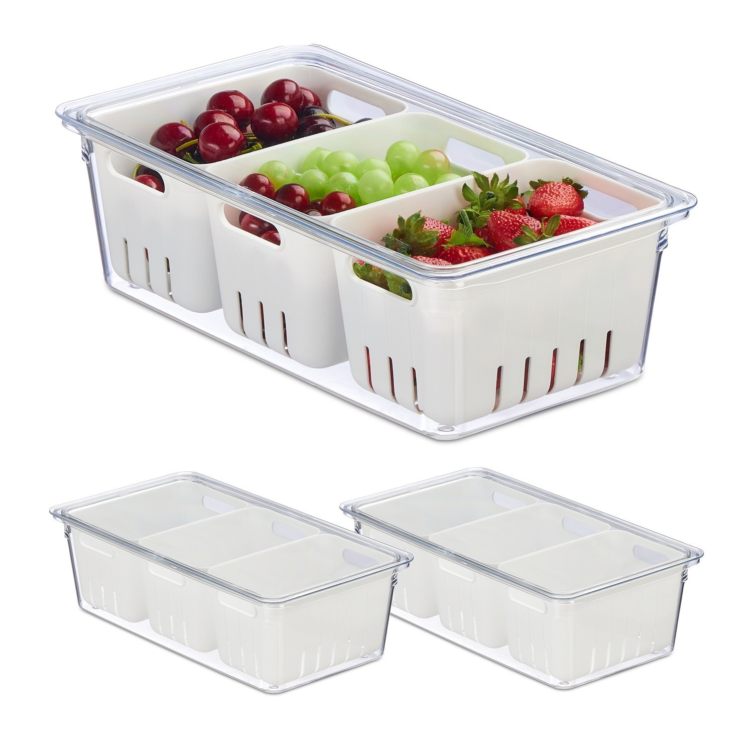 Stackable Fridge Boxes with 3 Drainage Baskets