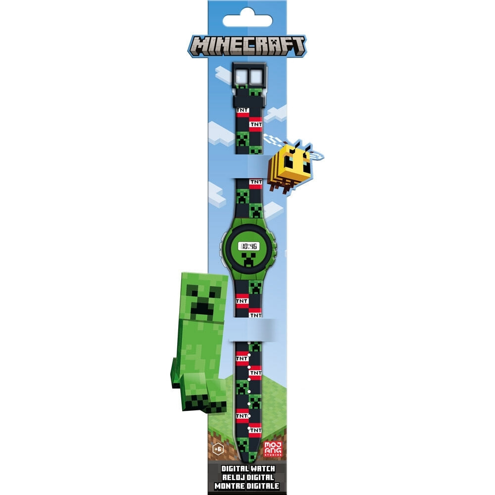 Relógio digital Minecraft com visor LED e pulseira ajustável.