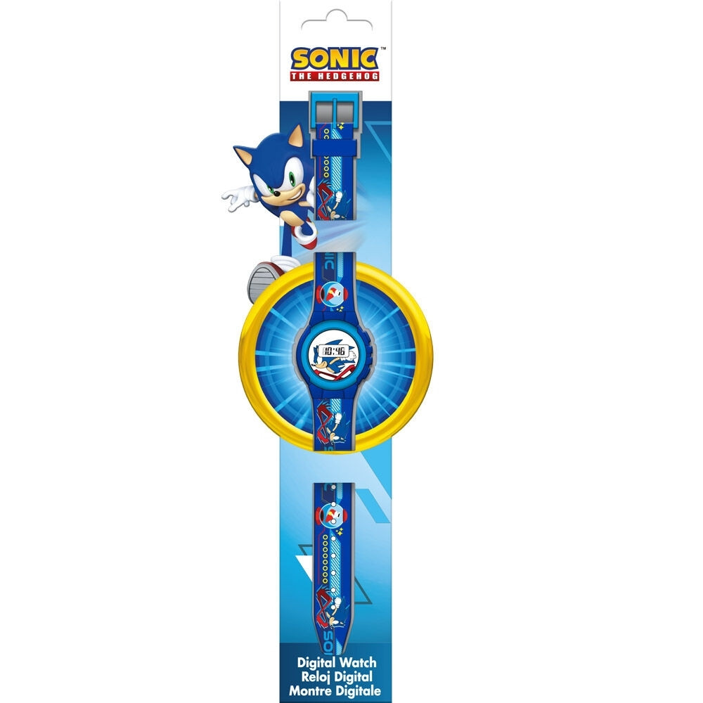 Relógio digital Sonic The Hedgehog com visor LED e alarme.