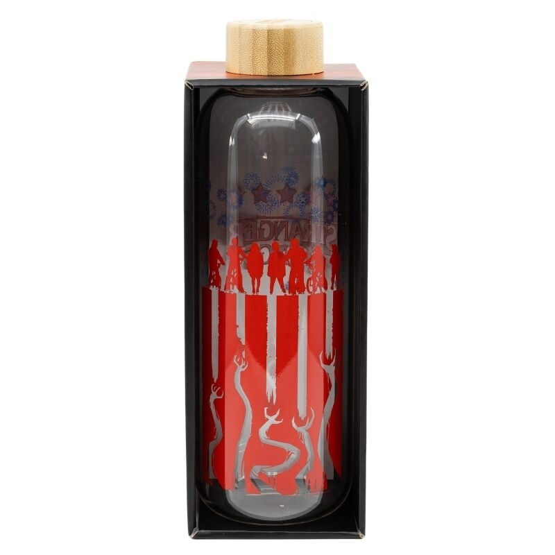 Garrafa de vidro Stranger Things de 1030ml, resistente e elegante.