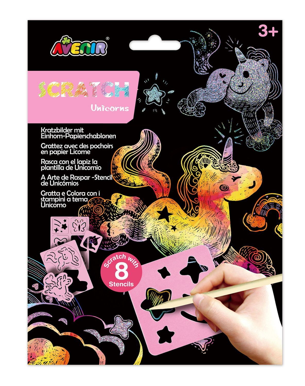 Avenir Scratch Set mit Schablone: ​​Einhörner
