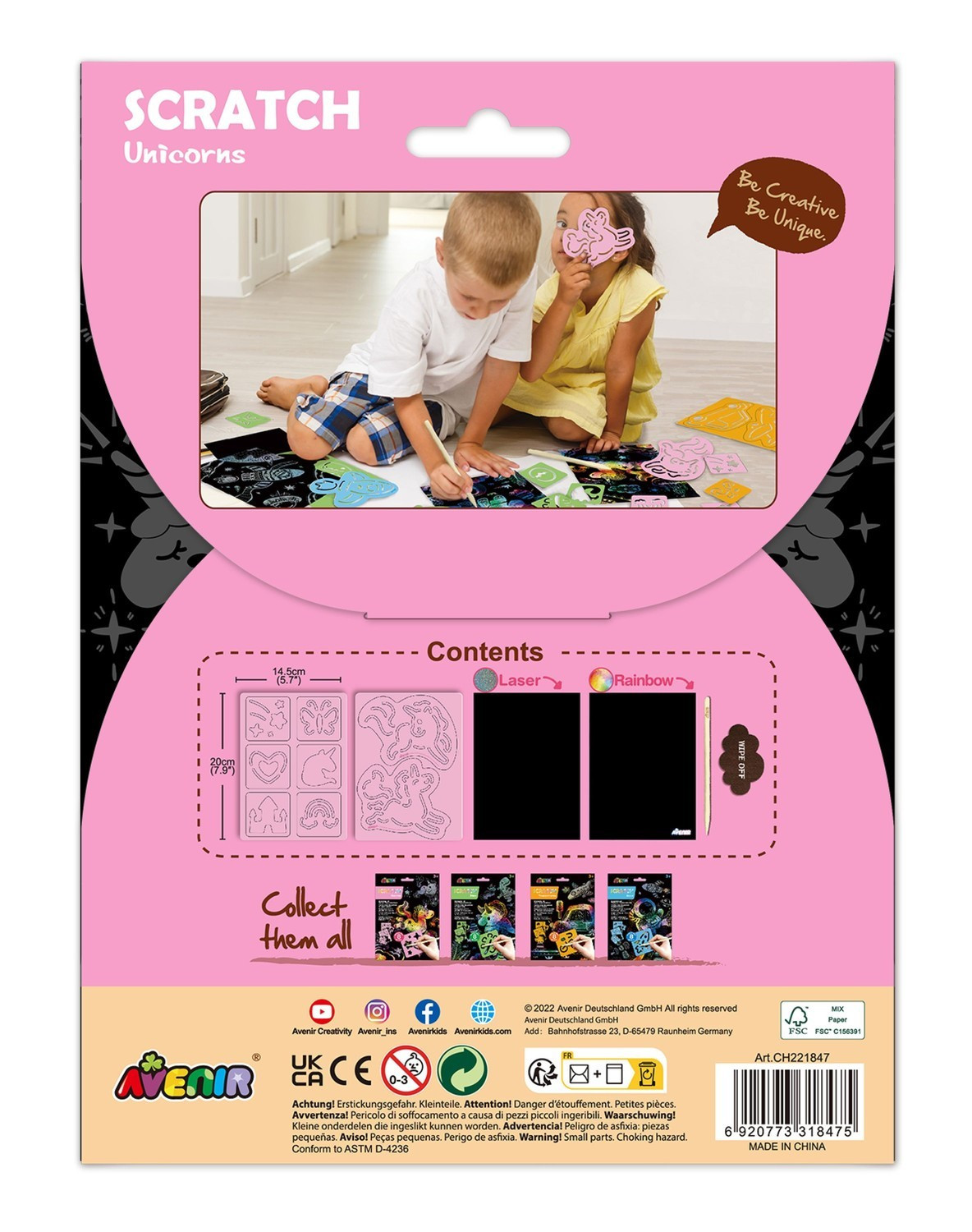 Avenir Scratch Set mit Schablone: ​​Einhörner