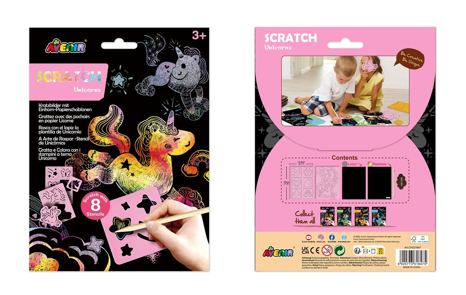 Avenir Scratch Set mit Schablone: ​​Einhörner