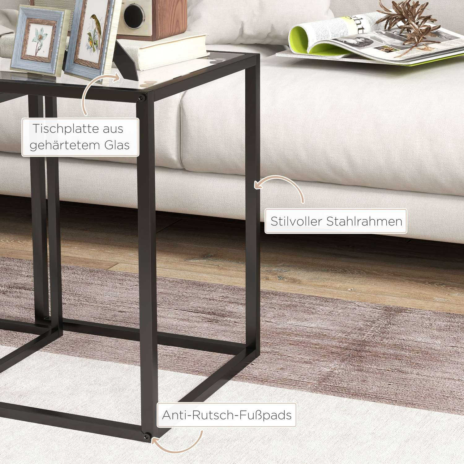 Stackable Side Tables Set, Steel Legs, Black, Modern Design