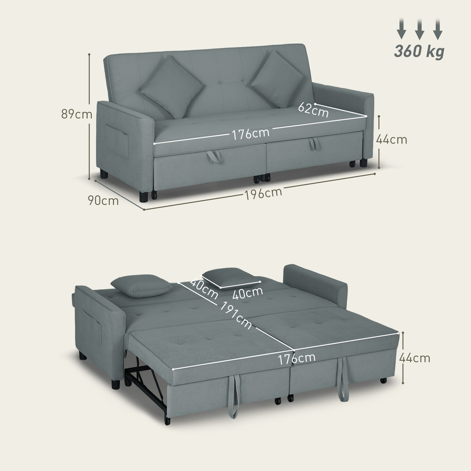 Sofá cama convertible de 3 plazas con respaldo ajustable, gris