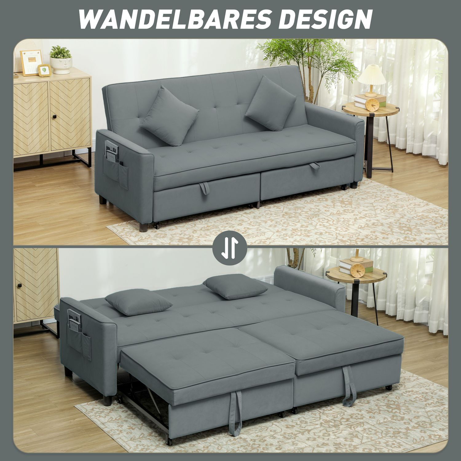 Convertible 3-Seater Sofa Bed with Adjustable Backrest, Grey