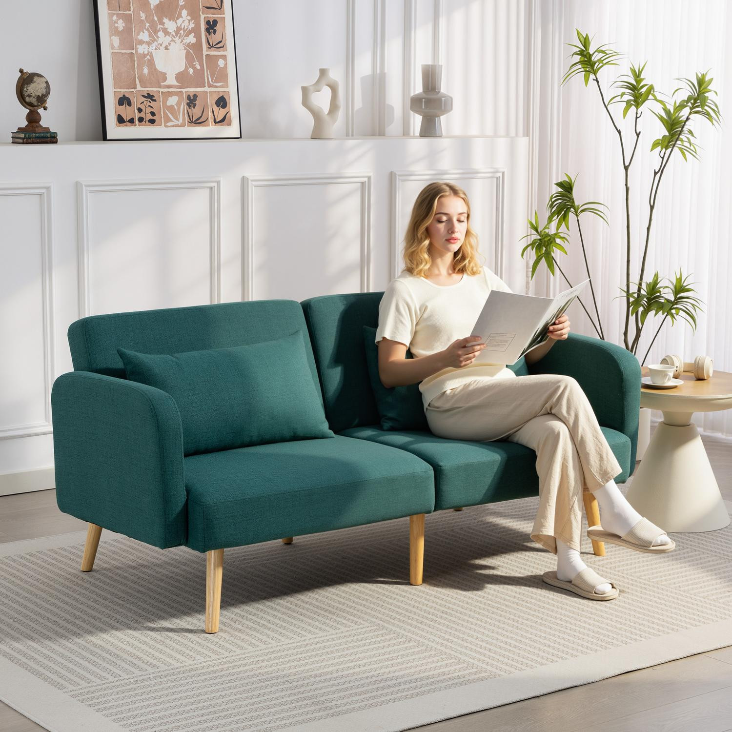 Sofá cama con respaldo ajustable, aspecto lino, verde