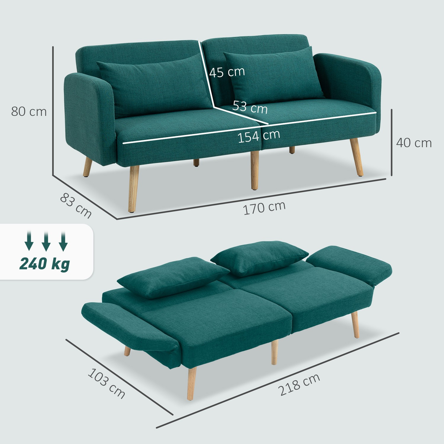 Sofá cama con respaldo ajustable, aspecto lino, verde