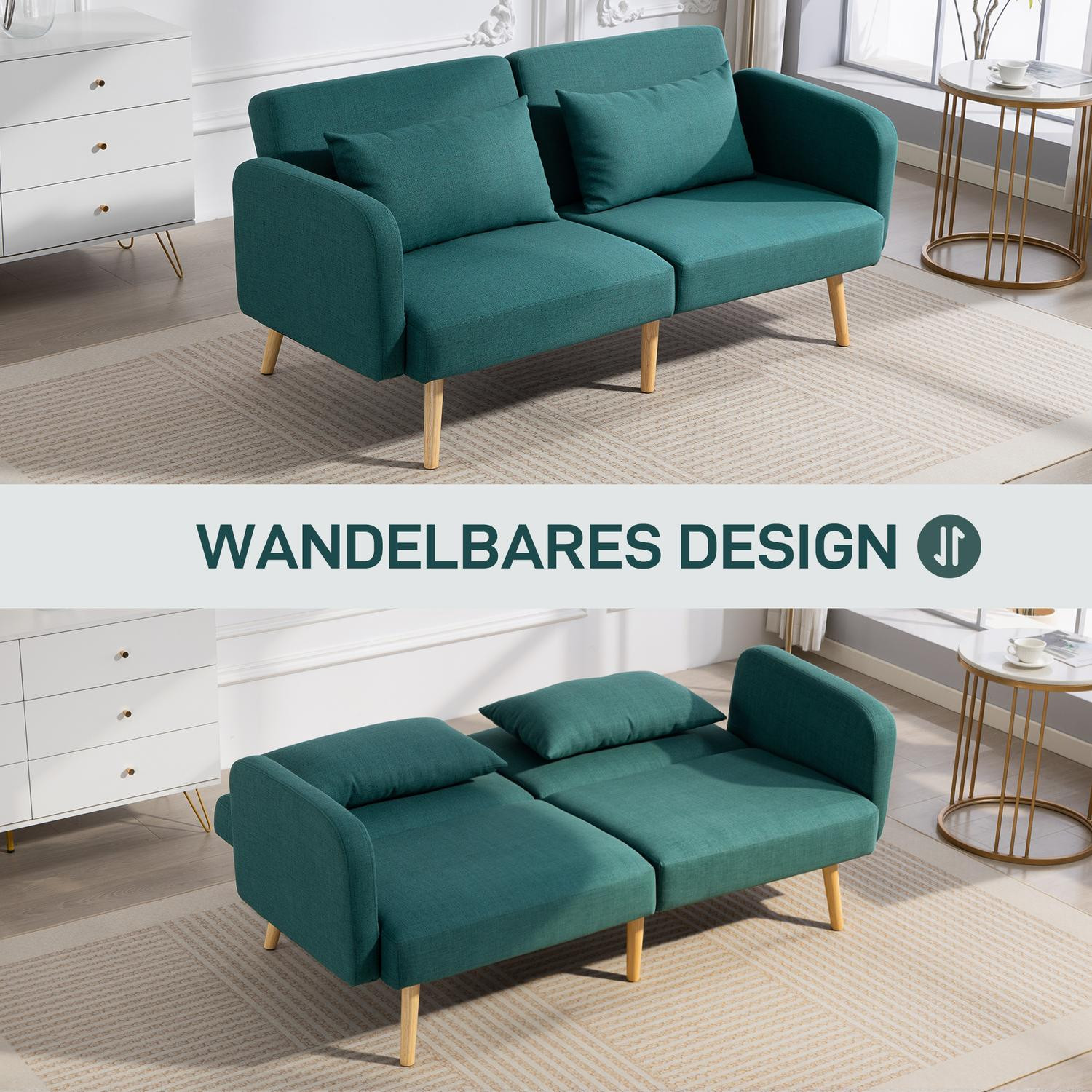 Sofá cama con respaldo ajustable, aspecto lino, verde