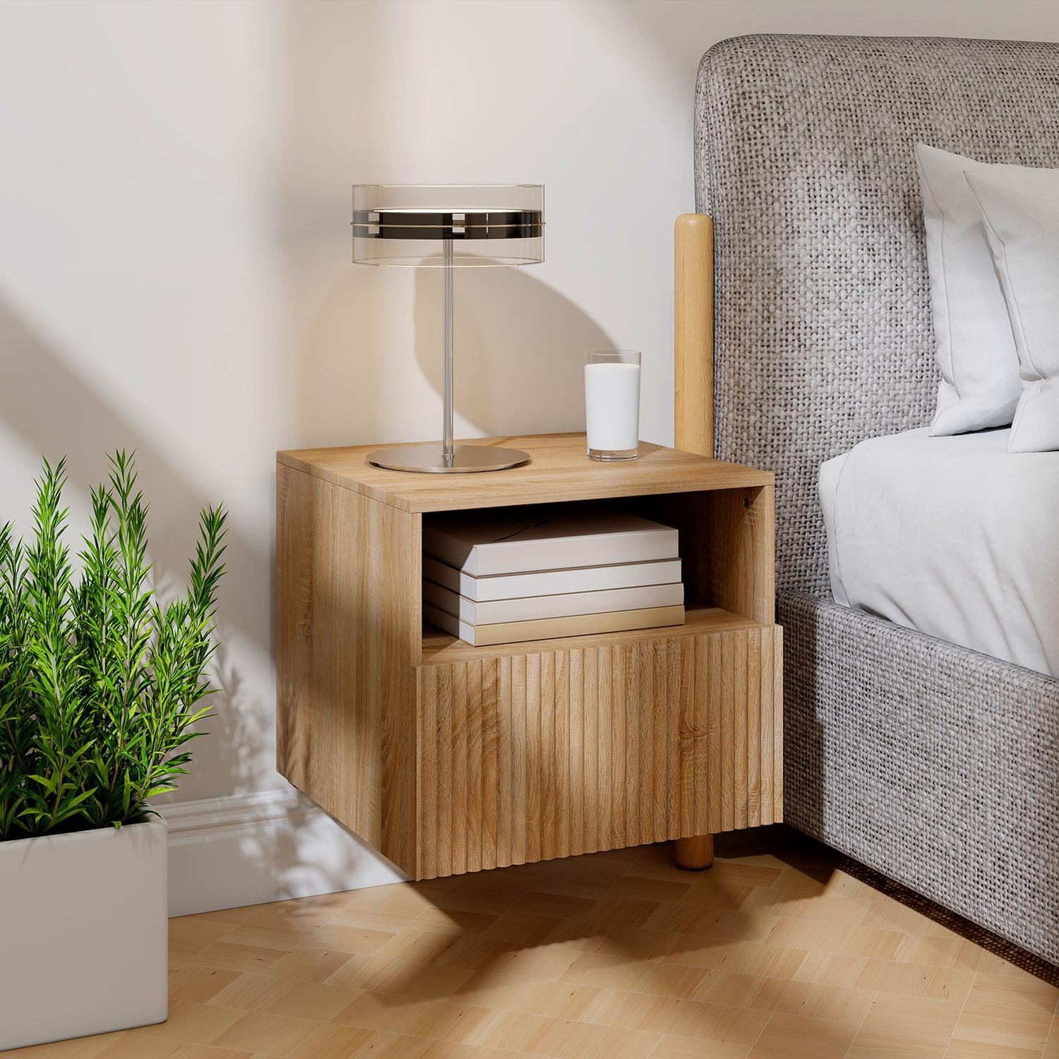 Floating Nightstand, Handleless, Open Shelf, Drawer, Light Brown