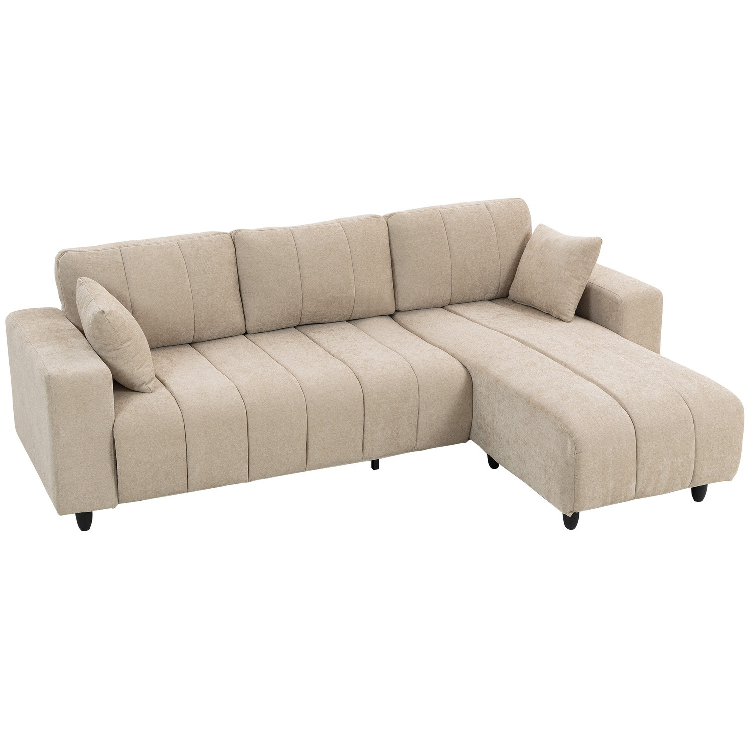 Sofá modular em formato de L, bege, 3 lugares com chaise e almofadas.