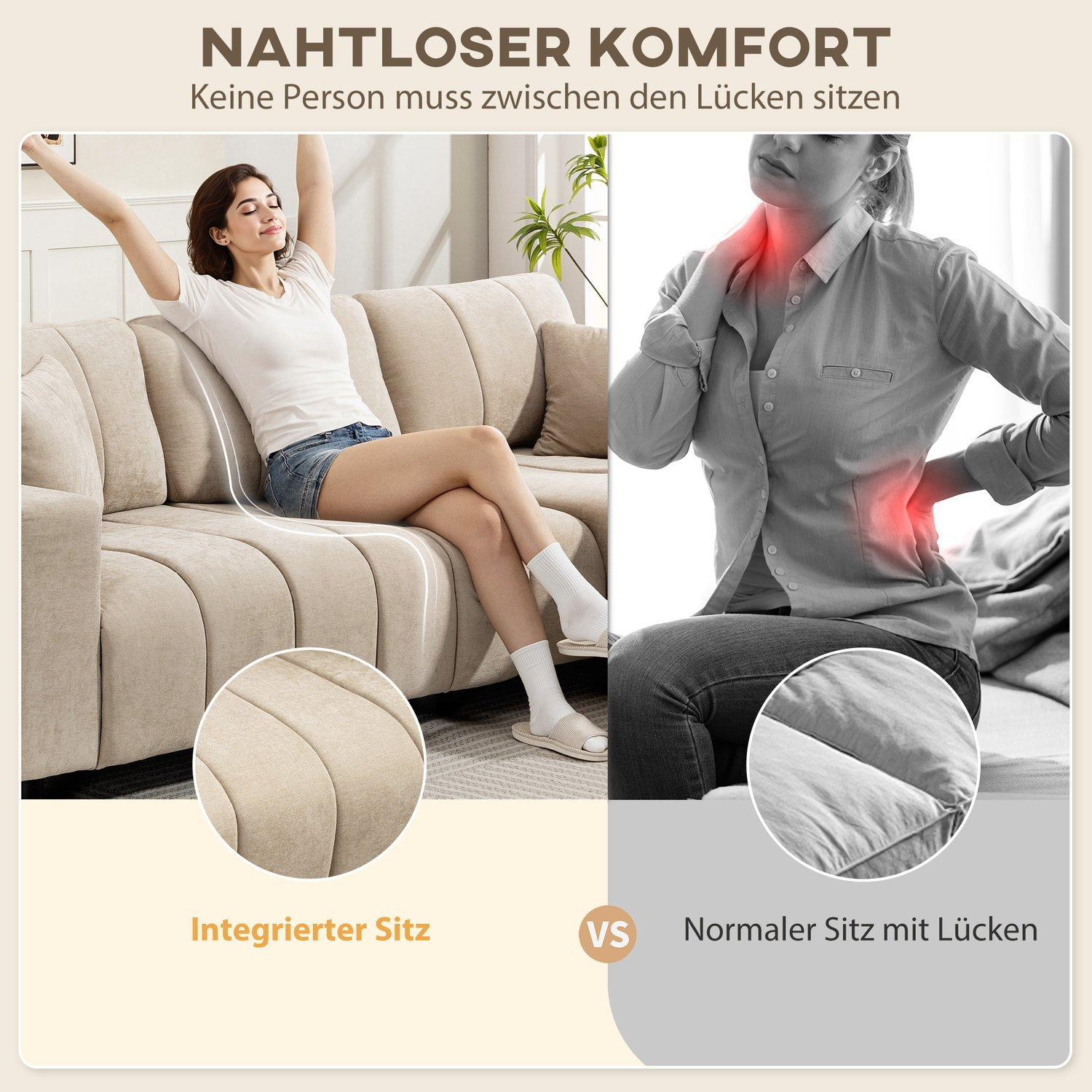 Divano componibile a L, beige, 3 posti con chaise longue e cuscini