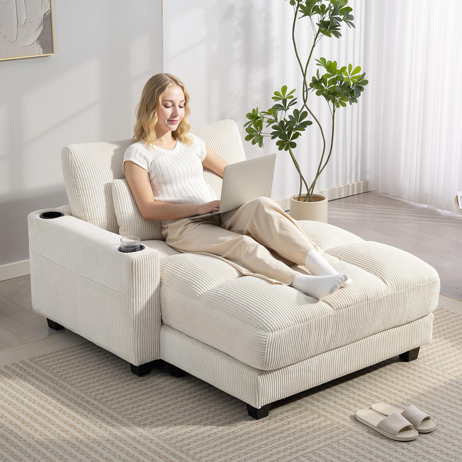 Sofá-cama conversível com almofadas, porta-copos, branco creme